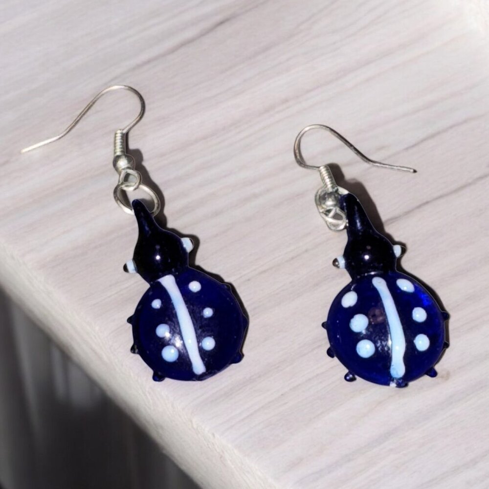 Glass Beads Blue White Dots Ladybug Pierced Earrings Dangling
